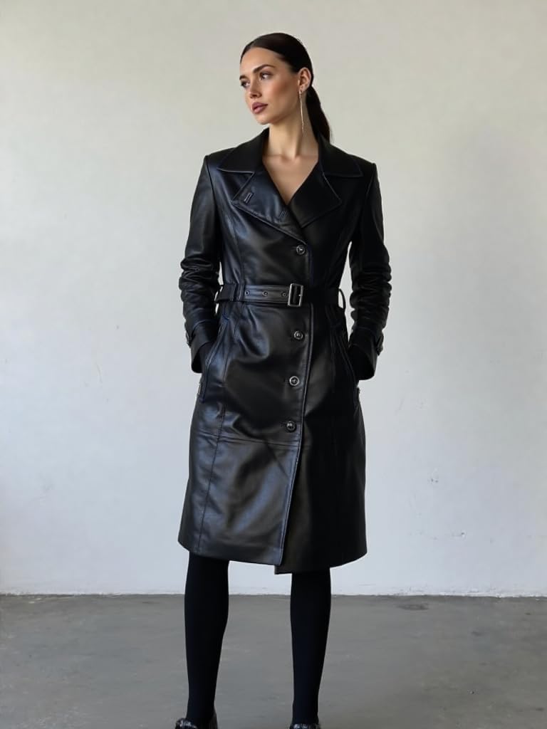Winty Long Coat Winter Wear Black Lambskin Leather Jacket for Women