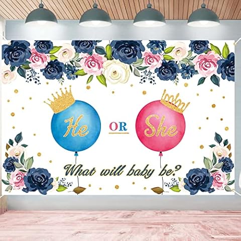 Gender Reveal Backdrop, He or She Banner What Will Baby Be Gender Reveal Decoration for Baby Shower Party- Balloons & Flower Cover