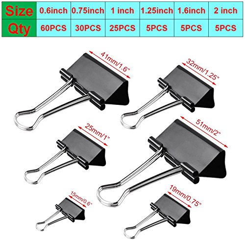 ExcelFu 130 Pcs Binder Clips Paper Clamp Clips Paper Binder Assorted 6 Sizes, Black