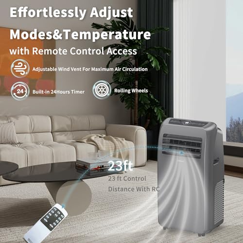 Image of Shinco 10,000 BTU Grey Portable Air Conditioner - 3-in-1 Cool /Dehumidifier /Fan for Rooms Up to 400 sq.ft, Remote Control & 24H Timer, Compact AC Unit for Bedroom /Office