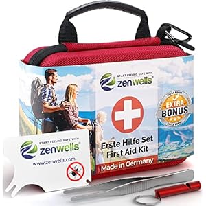 Erste Hilfe Set Outdoor – Fahrrad, Wandern Zubehör – First Aid Kit mit Zeckenkarte & Signalpfeife nach DIN 13167