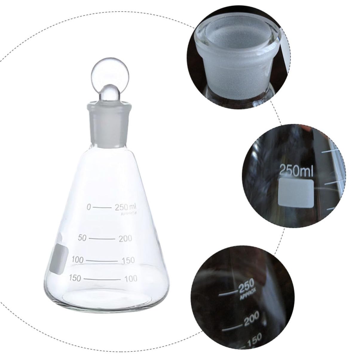 Set 3 Pezzi Beute Coniche da 250ml in Vetro con Tappo e Scala Graduata, per Laboratorio Scientifico e Lezioni Scolastiche