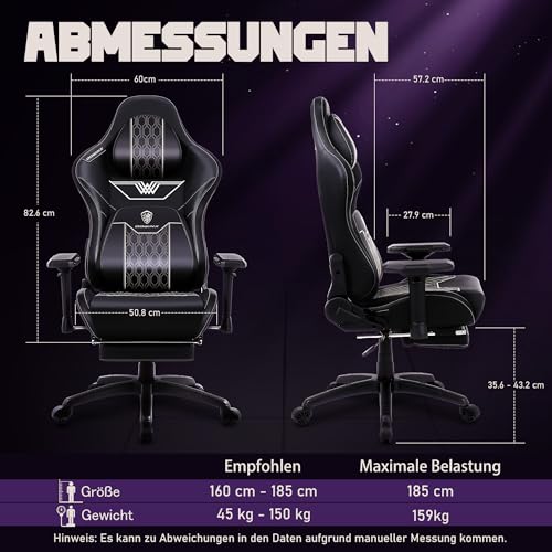 Sedia Gaming con braccioli 4D, ergonomica, con poggiapiedi, in pelle PU, comodo supporto lordosi, grande e alta, 180 kg, nero - Sedia gaming - Immagine 8