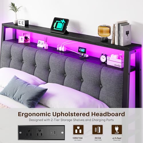 Image of Homkdom King Bed Frame,Upholstered Storage Headboard,Charging Station,Black | LED Linghts, 12 inch Under-Bed Storage,2 Three-prong Outlet&2 USB, Noise-Free, Quick Assembly, Supports up to 1100 lbs