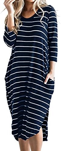 Cnfio Women's Short Sleeve Stripes T Shirt Dress Oversized Boho Long Dresses with Pockets Blue L