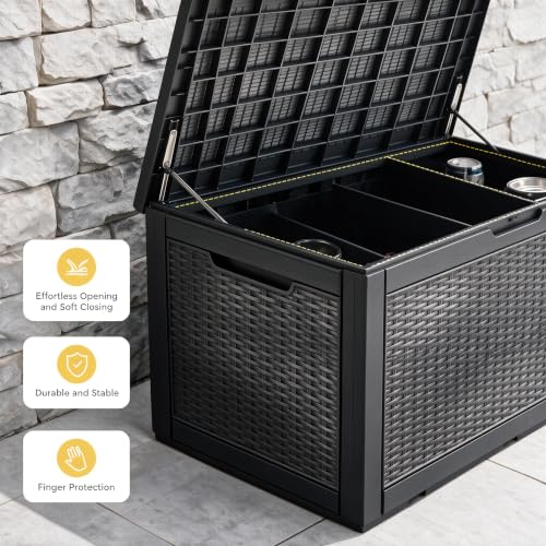Image of 130 Gallon Deck Box,Lockable Outdoor Storage Box Gas Lift,Waterproof,Black | Package delivery box for outside, outdoor bench with lid, holds patio cushions, gardening tools, dock storage for patio