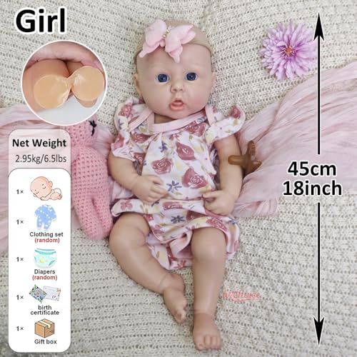 45 cm große, handgefertigte Reborn-Puppe aus Silikon – realistisches Baby-Mädchen mit offenem Mund und anatomisch korrektem Körper – ein Überraschungsgeschenk zu Weihnachten und Thanksgiving – Bild 3