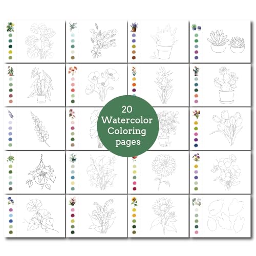 MSLSOZ Aquarell-Malbuch, 20 Blatt pflanzliche Linienzeichnungen ohne Wiederholung mit nachfüllbarem Pinsel, fertige Vorlagen – Geschenk für Kinder/Partner, Aquarell-Anfänger (21cm×14,5cm)