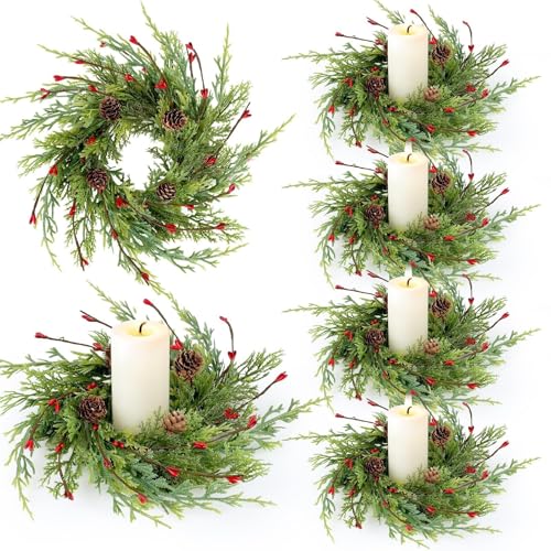 Image of 6 Pcs Artificial Christmas Candle Rings 9 Inch Cedar Pine Garland Wreaths with Red Berries Pinecones Wreaths Pine Needles Candle Ring Holder for Christmas Winter Decorations Table Centerpiece