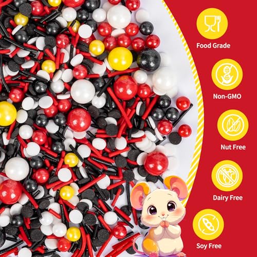 Image of Edible Mouse Sprinkles,Edible Black White Red and Yellow Pearls Jimmies,and Round Confetti Sprinkles for Cake Decorating,130g,Cupcakes Cookie Donuts Ice Cream Toppers,Themed Desserts,Birthday,Children's Party Supplies