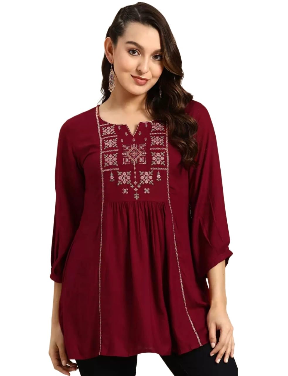 RR Enterprises Women’s Rayon 3/4 Sleeve Round Neck Printed Embroidery Short Kurti Stylish Ethnic & Casual Wear Top for Office Prefer for College & Daily Use