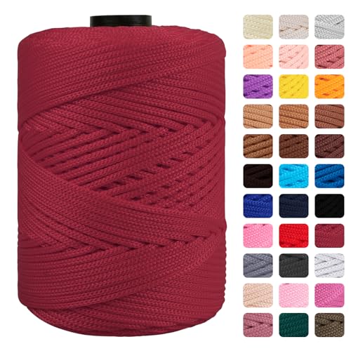 CAMAL Cuerda de Poliester 3mmx170m Hilo Macrame Trapillo para Tejer Bolsos Hilo Crochet Verano para Crochet Yarn Cuerda Trenzada para Manualidades Bolso de Mano (Rojo Vino)