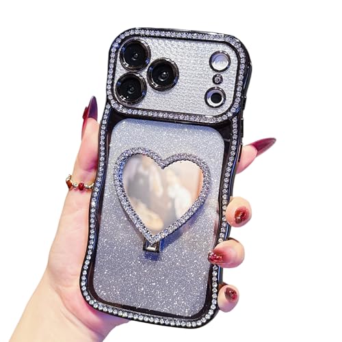HJXFlying �K�p iPhone 15 Pro �P�[�X �~���[ ���t�� �n�[�g �X�^���h�L�b�N�X�^���h���C���X�g�[���E�F�[�u�o���p�[�O���b�^�[�O���f�[�V�����y�[�p�[�J�[�h 2in1 �ϏՌ��J�o�[�����K�[���Y�p - �u���b�N
