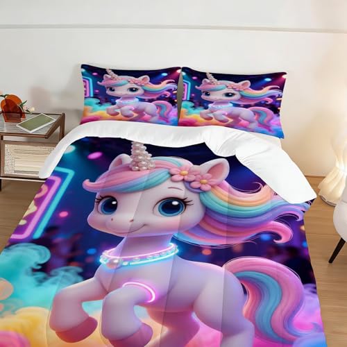 Image of Rainbow Unicorn Comforter Set Queen Size Neon Animal Bedding Sets for Girls Kids Teens 3D Kawaii Cartoon Quilt Bedroom Decor 1 Comforter 2 Pillowcases