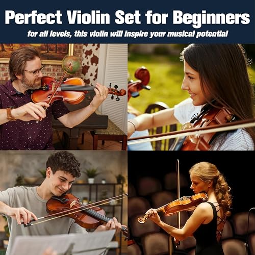 Image of Mendini By Cecilio Violin 4 /4 Full Size For Beginners - Fiddle Solidwood Kit with Hard Case - Acoustic Violins with Bow, Rosin, Tuner, Extra Strings & Bridge, Shoulder Rest and Lesson Book