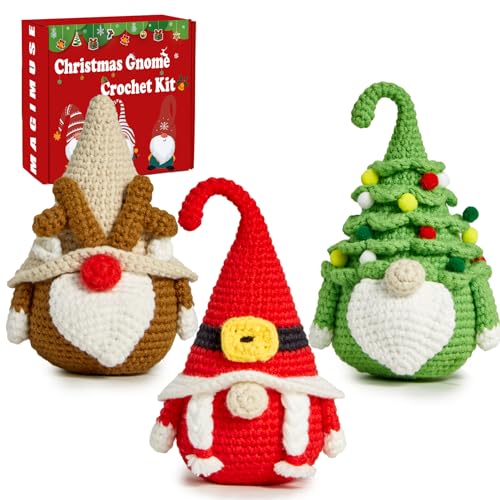 MAGIMUSE Christmas Crochet Kit for Beginners, Crochet Starter Kits for Adults Amigurumi Craft Knitting Crochet Animals Kits with Step-by-Step Video Tutorials, 3 Pack Gnome (40%+ Yarn)