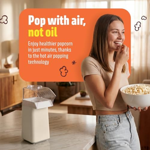 Wumple Hot Air Popcorn Machine - 14-Cup Electric Popcorn Popper, Oil-Free, 1200W - Includes Measuring Cup - Home Popcorn Maker for Movie Nights - Cream - 2