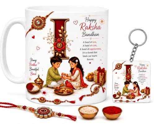 Image of Raksha Bandhan Alphabet I Coffee Mug with Matching Square Keychain | Includes Rakhi, Roli & Chawal | 350 ML Ceramic Printed Cup | Brother Sister Festival Collection
