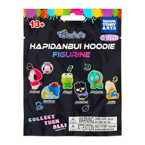 SANRIO Hapidanbui Hoodie Blind Bags Mini Figure Party Favor Set - 3 Pack Twinchees Collectable Mystery Bundle with Keroppi, Tuxedo Sam, Hello Kitty