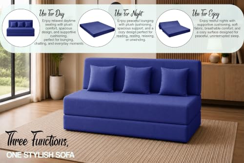 Image of Sofa Cum Bed with Jute Fabric, Convertible Three Seater Sofa Bed 5x6 Ft, Comfortable Cushioned Seating, Space Saving Design for Living Room, Bedroom & Guest Room - Blue Color