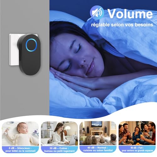Sonnette sans Fil Exterieur Etanche 300 Mètre, Carillon sans-Fil avec Récepteurs Ip44 étanche avec Pile 60 Mélodies au 4 Niveaux Volumes Mini Sonnette de Porte pour Maison Bureau Hôtel – vue 6