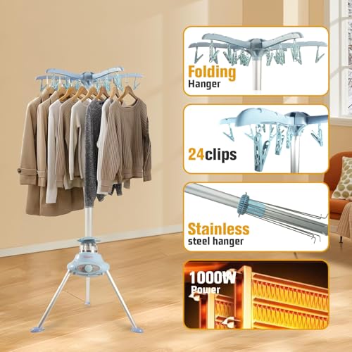 1000W Heated Clothes Airer with Cover 10Kg Capacity 2-Tier Stainless Steel Foldable Electric Clothes Dryer Rack 180-Min Timer&Auto Power-Off Energy Efficient Indoor Drying for Household