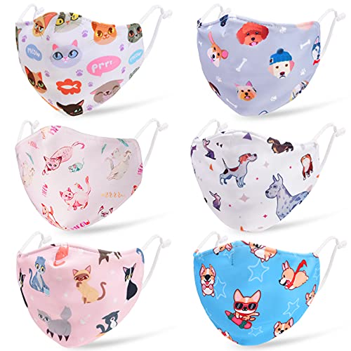 CIKIShield 6Pack Kids Face Mask Reusable, Breathable Face Mask for Boys Girls, Adjustable Children Face Mask Cat Kitty Dog