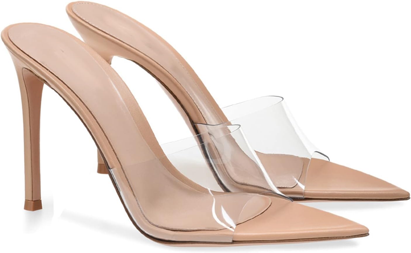 HLZHJXB Women's High Heels Sandals 12CM Fashion PVC Transparent Pointed Slippers Comfortable Stilettos Large Size Sandals for Leisure Shopping Party,Beige,43 EU