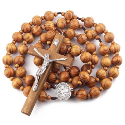 Super Jumbo Holy Large sanctified Wall Rosary Natural 20mm Beads Wood Chain St.Benedict Jesus Cross Large 43" Inches Wall rosario (St.Benedict)3