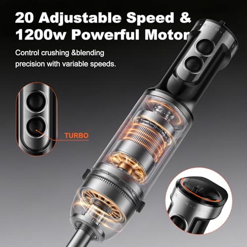 Immersion Blender, PRASKY 1200W 20 Speeds Electric Handheld Portable Stick Mixer, 5-in-1 Hand Blender Stainless Steel with Turbo Mode,Chopper, Whisk, Milk Frother for Soup, Smoothies,Puree, Baby Food image 6