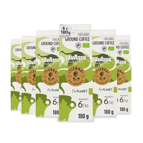 Lavazza, ¡Tierra! For Planet, Caffè Macinato, 6 Confezioni da 180 g, Ideale per Moka, con Note di Fiori e Frutta, Caffè Biologico 100% Arabica e Raccolto a Mano, Intensità 6/10, Tostatura Leggera
