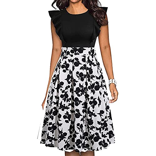 Primavera Y Verano Moda para Mujer Casual Cuello Redondo ImpresióN Cintura Sin Mangas Chaleco Falda Vestido De Longitud Media Mujer