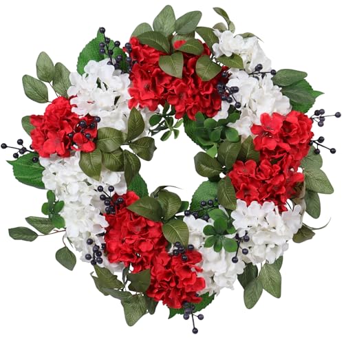 Zhemobang 22 Inch Patriotic Wreath for Front Door Outdoor, UV Resistant Red White and Blue Hydrangea Wreath for 4th of July Memorial Day, Waterproof Americana Summer Decor