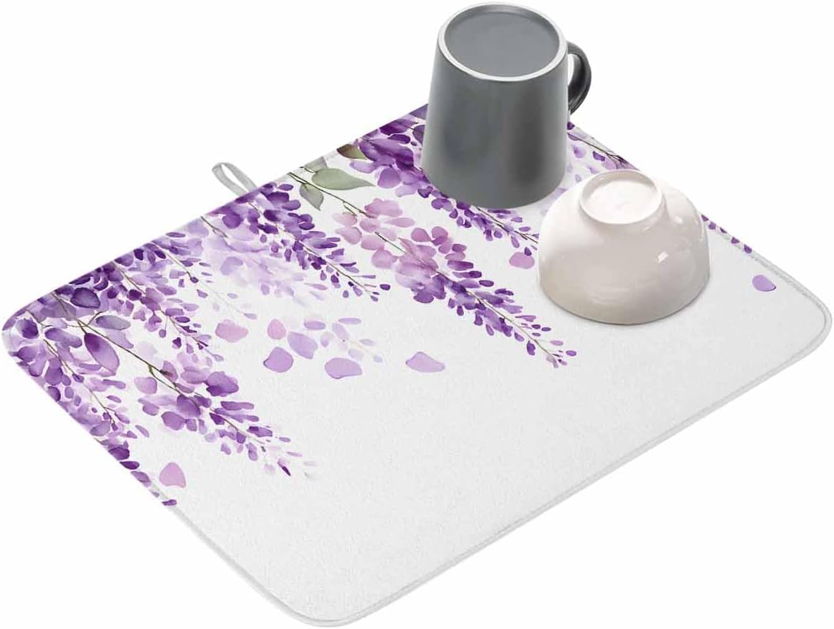 Drying Mats for Kitchen Counter 2 Pcs, Wisteria Flowers Purple Flowers Watercolor Microfiber Absorbent Dish Drainer/Rack Mat,Reversible Hangding Quick Drying kitchen Decor,18x24 Machine Washable