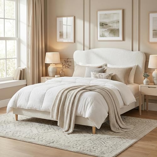 GarveeHome Queen Size Bed Frame with Upholstered Headboard, Soft Low Profile Sturdy Platform Bed with Rounded Corners Design, Heavy Duty, Wooden Slats