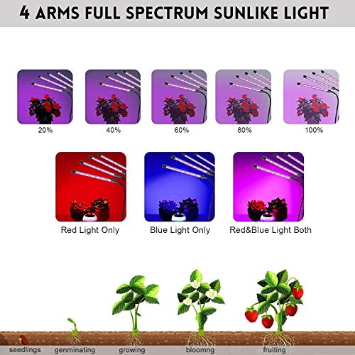 Grow Light for Indoor Plants LED Lamp Bulbs with Red Blue Full Spectrum with 3/9/12H Timer 9 Dimmable Lightness Clip-On Desk Led Plant Growing Lamps 4 Switch Modes with AC Adapter (4head) - Thumbnail 4