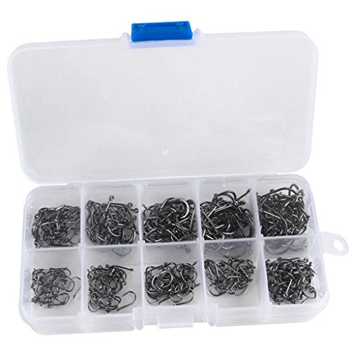Homyl Kit de ganchos de peixe de aço carbono 300 peças, 10 tamanhos, gancho afiado prateado para pes