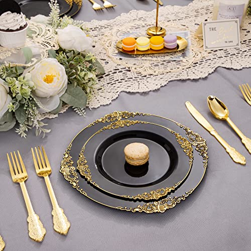 Nervure 100Pcs Black Gold Plastic Plates - 7.5 Inch Black Plastic Plates With Gold Rim - Disposable Black Gold Dessert Plates For Weddings & Parties & New Year's Day #TOP4