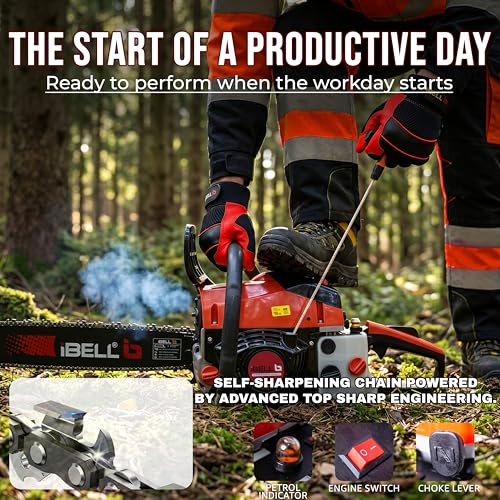 Image of iBELL IBL 5820CS Gasoline Chainsaw 58CC 2-Stroke Engine | 18-Inch (458mm) Guide Bar Petrol Chainsaw | 2.5KW Power Output | Automatic Fuel Mixing System | Stopping Switch & Petrol Indicator