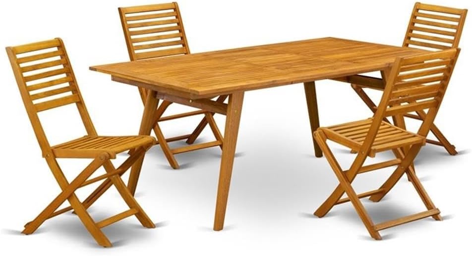 Pemberly Row 5-Piece Wood Outdoor Patio Dining Set, Natural Oil Finish, Rubberwood Construction, Includes 4 Chairs with Slatted Backs and Rectangular Table, Versatile Traditional Garden or Yard