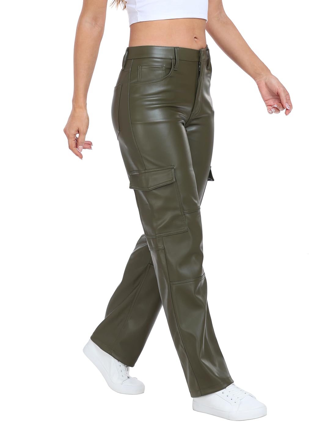 HDE Damen-Cargohose aus Kunstleder mit Taschen, hohe Taille, Y2K, entspannte Hose
