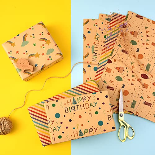 PlandRichW Birthday Wrapping Paper for Kids Girls Women Boys Men,12 Sheets Kraft Brown Recycled Gift Wrapping Paper 4 Styles of \'\'Happy Birthday\'\' Balloon Rainbow Stars Precut 20\" X 29\" Folded - Thumbnail 2