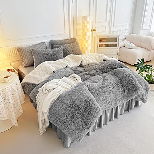 Gray Faux Fur Comforter Set Full / Queen 3 Pieces - 1 Shaggy Comforter 90X90 And 2 Fur Pillowcases, Ultra Soft And Easy Care Sherpa Luxury Plush Super Warm Winter Shaggy Bedding Set #TOP1