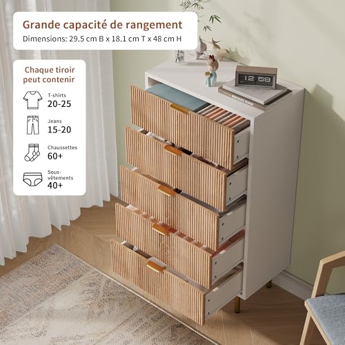 TIMORWTF - Cajonera con 5 cajones, color blanco, 60 cm, armario de almacenamiento moderno, cómoda para dormitorio con asas y patas doradas, 60 x 34 x 109 cm, para dormitorio, pasillo, salón u oficina - imagen 4