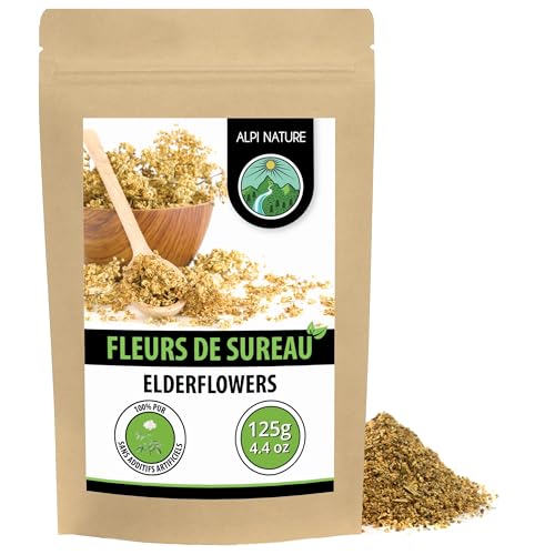 Alpi Nature Fleur de Sureau Tisane 125g, Fleurs de Sureau Séchées et Frottées, Thé en Vrac