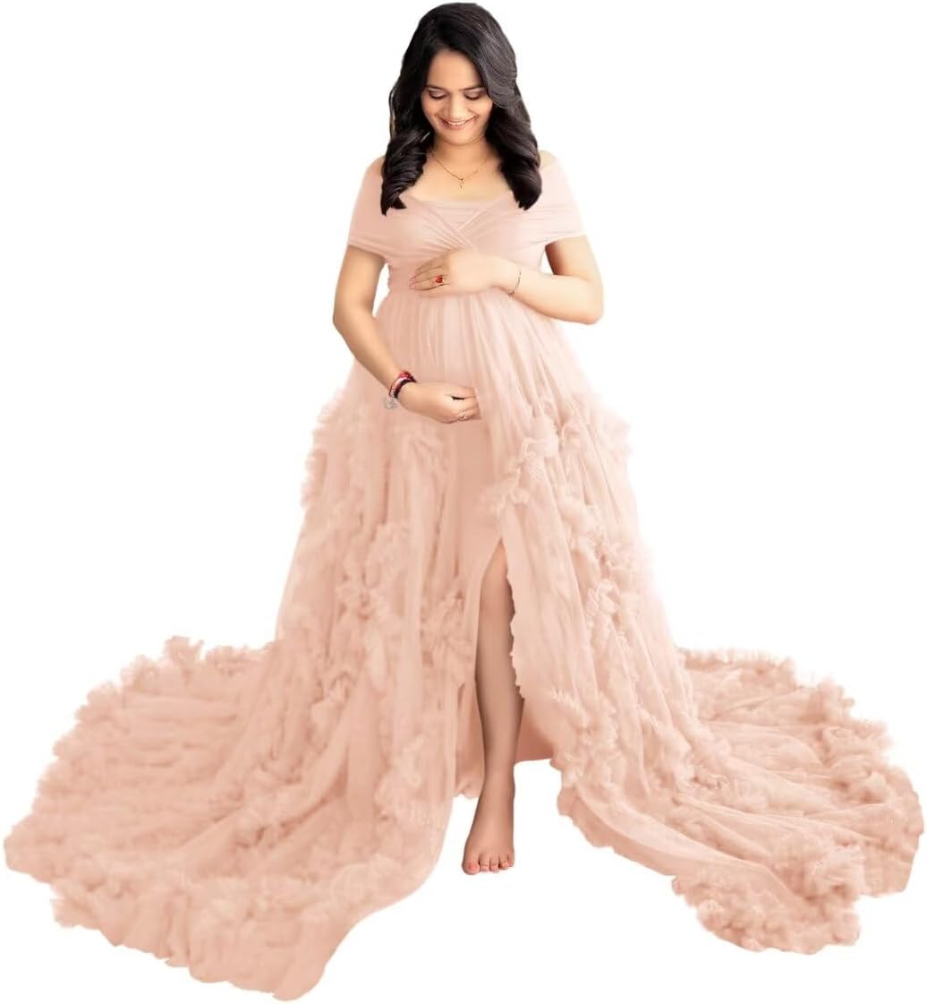 Tianzhihe Tulle Maternity Dresses for Photoshoot with Train Long Ruffle Flowy Elegant Pregnancy Baby Shower Dress