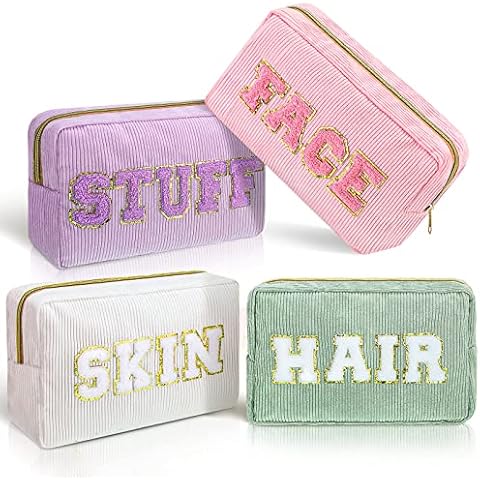 Pinkunn 4 Pcs Preppy Makeup Bags Christmas Chenille Letter Bag Face Skin Hair Stuff Cosmetic Bag Corduroy Makeup Pouch with Zipper Birthday Gifts for Women(Purple, Pink, White, Green) Cover