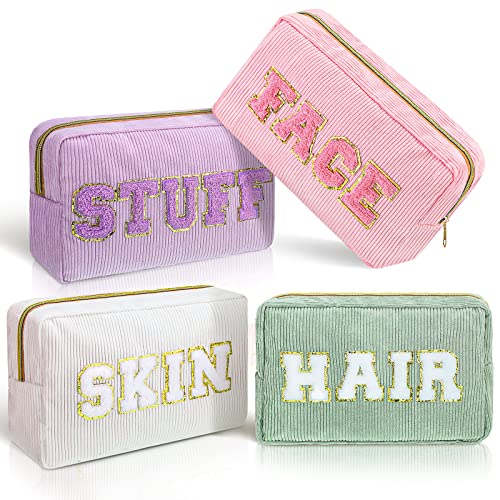 Pinkunn 4 Pcs Preppy Makeup Bags Chenille Letter Travel Organizer Face Skin Hair Stuff Corduroy Cosmetic Hygiene Toiletry Pouch with Zipper Wedding Birthday Gifts for Women(Purple Pink White Green)