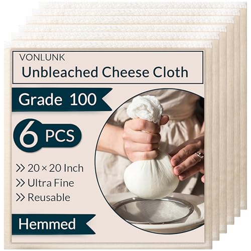 6-Pack Beige Cheesecloth, 20x20 Inch Hemmed Cheese Cloth for Straining, Reusable Unbleached Cotton Strainer for Cooking, Baking, Juicing, and Cheese Making (Grade 100)