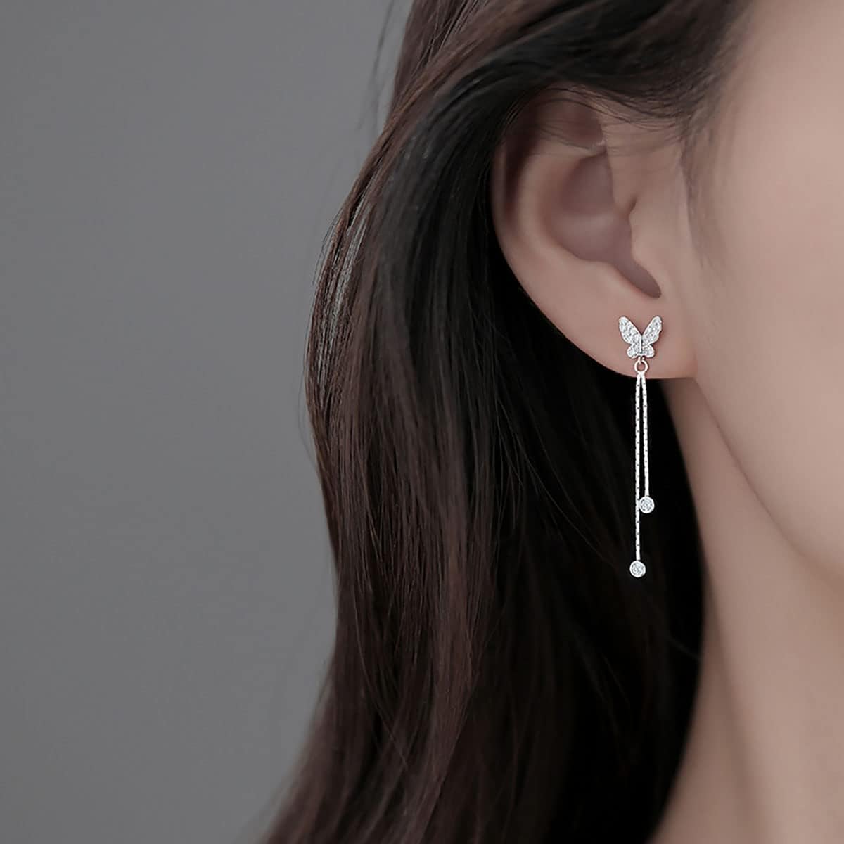 SLUYNZ Sterling Silver CZ Butterfly Earrings for Women Teens Butterfly Long Drop Dangle Earrings - Image 3
